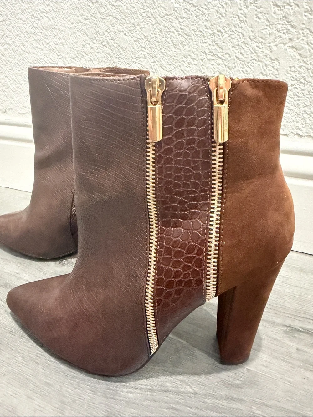 Shoe Dazzle Two-Tone Brown Pointed Ankle Booties with Gold Zippers